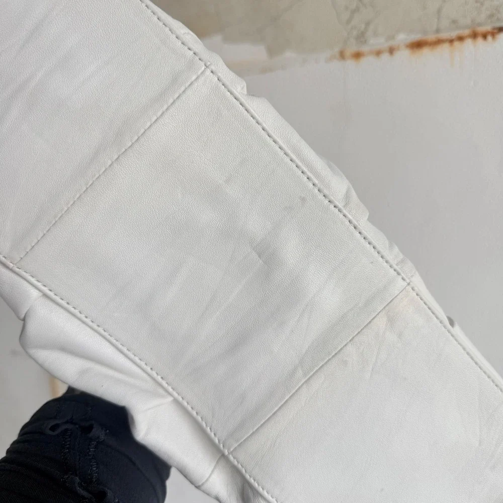 Vtg Adrienne Vittadini Leather Handbag Wood Handle Frame Bag White Vintage Purse
